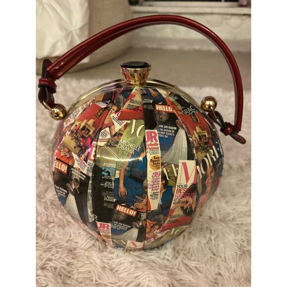 Michelle Obama Collage Round Handbag With Red Handle & Gold Accents - Statement - Picture 2 of 16